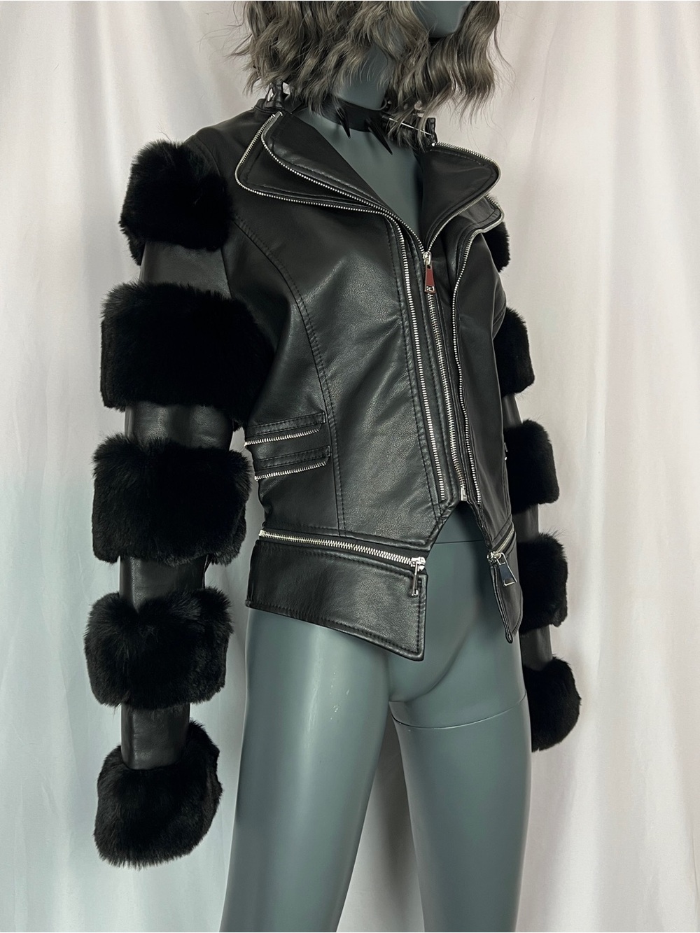 Black Faux Fur & Faux Leather Babette Zipper Moto Jacket